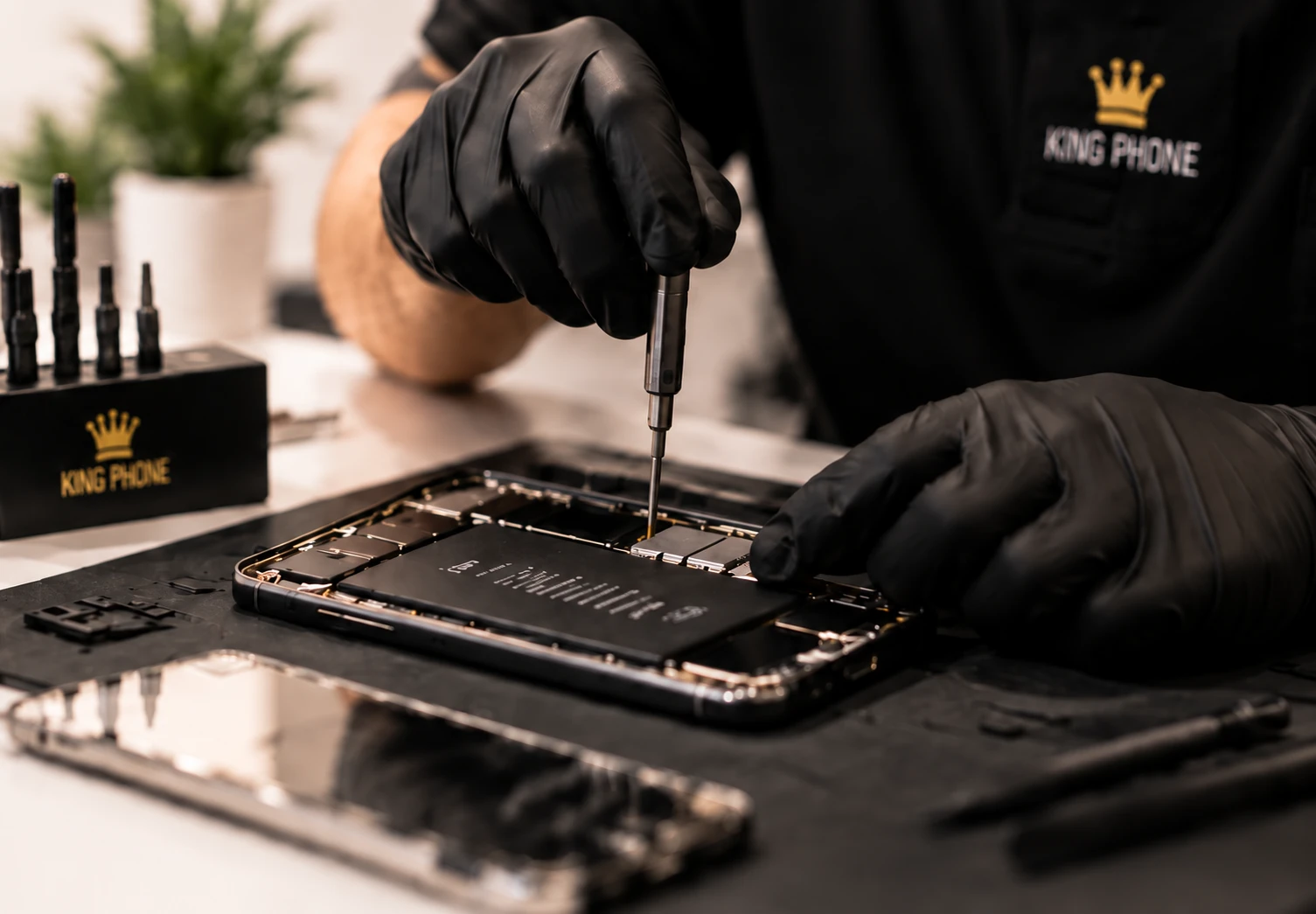Een smartphone wordt met precisiegereedschap gerepareerd aan een werkbank